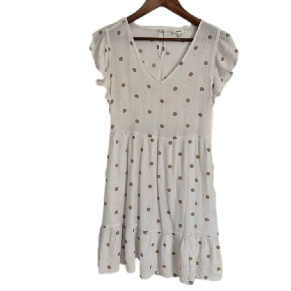 Mine White Mini Dress w/ Tan Polka Dots and Ruffled Hem & Sleeves Junior Large